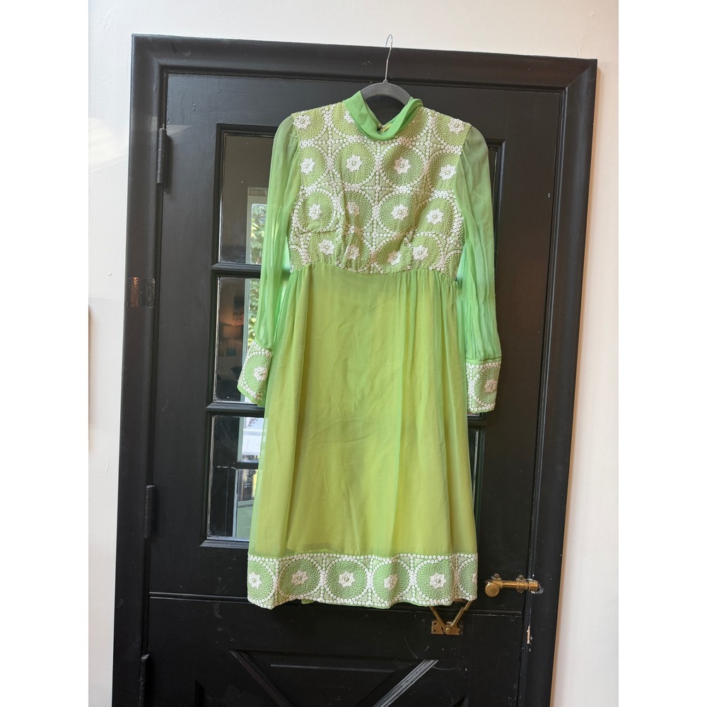 Vintage 1970s Lime Green Chiffon Dress Crochet Sequin Bodice Sheer Sleeve 70s - Picture 10 of 12
